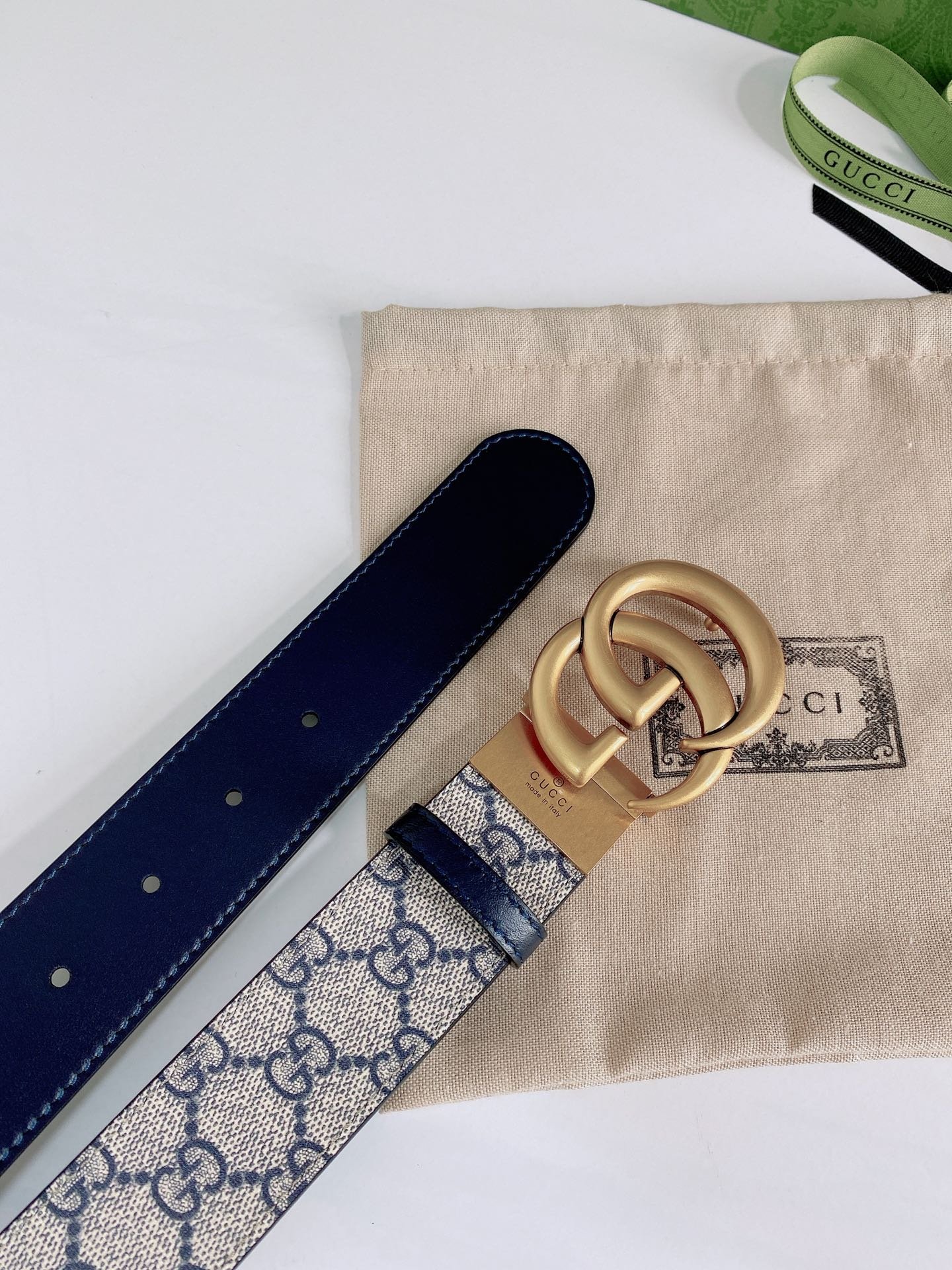 Gvc*1 Gg Marmont Reversible Belt Gold Metal Beige Blue 38Mm 659416 92Tic 9769