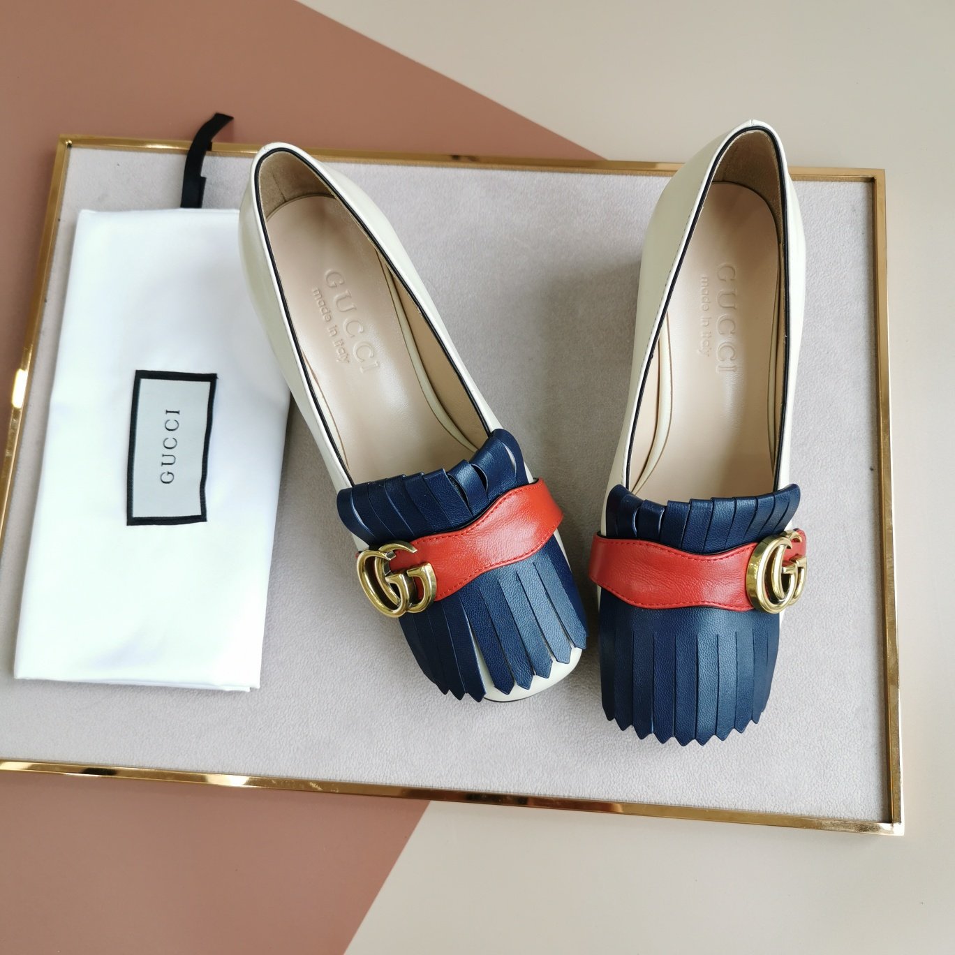 Gvc*1 Marmont Fringed Loafer Mid Heel White Blue Leather 408208 C9Dn0 9574