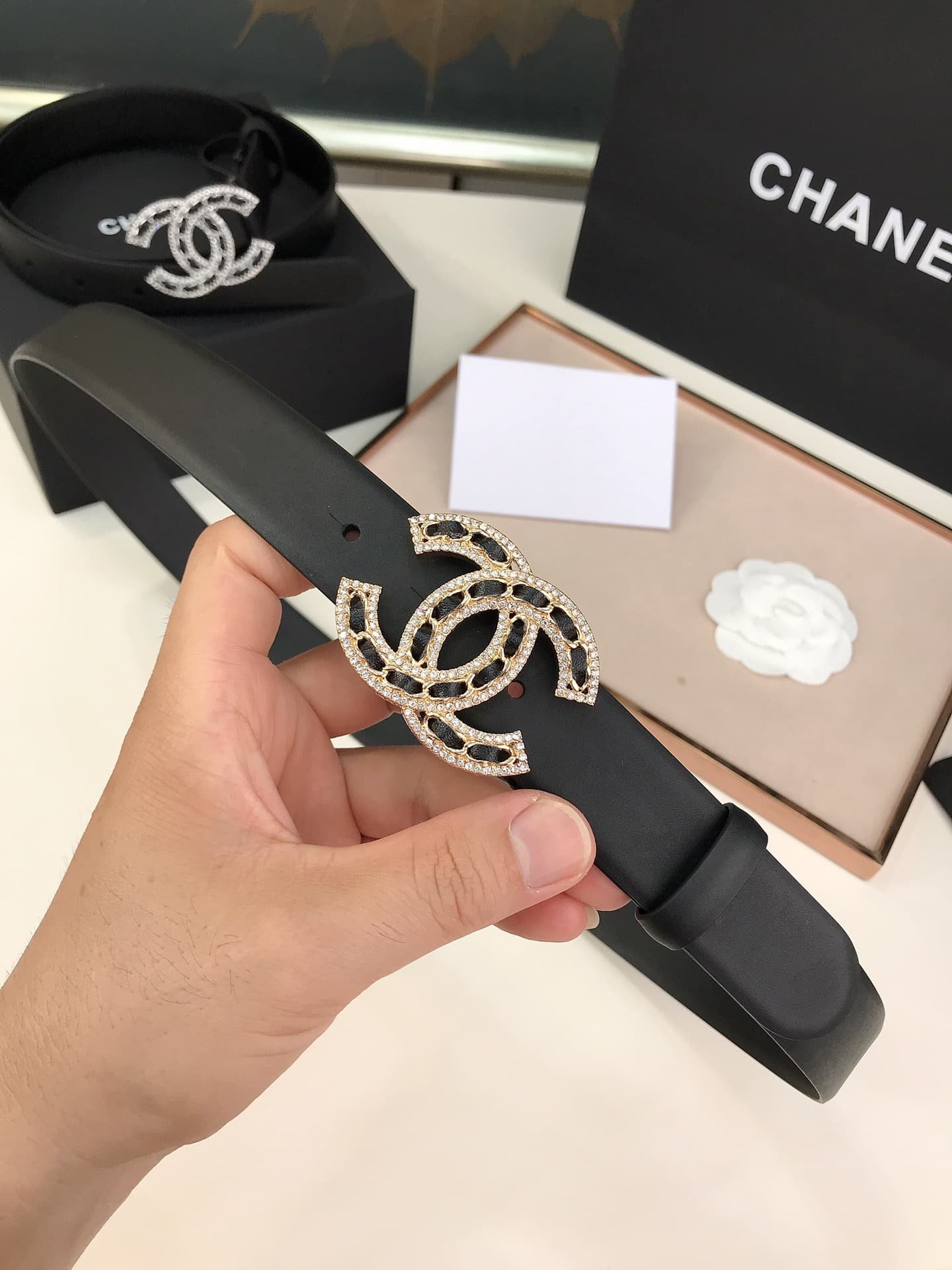 Ch**el Glass Pearls Crystal Gold Black Belt 28Mm