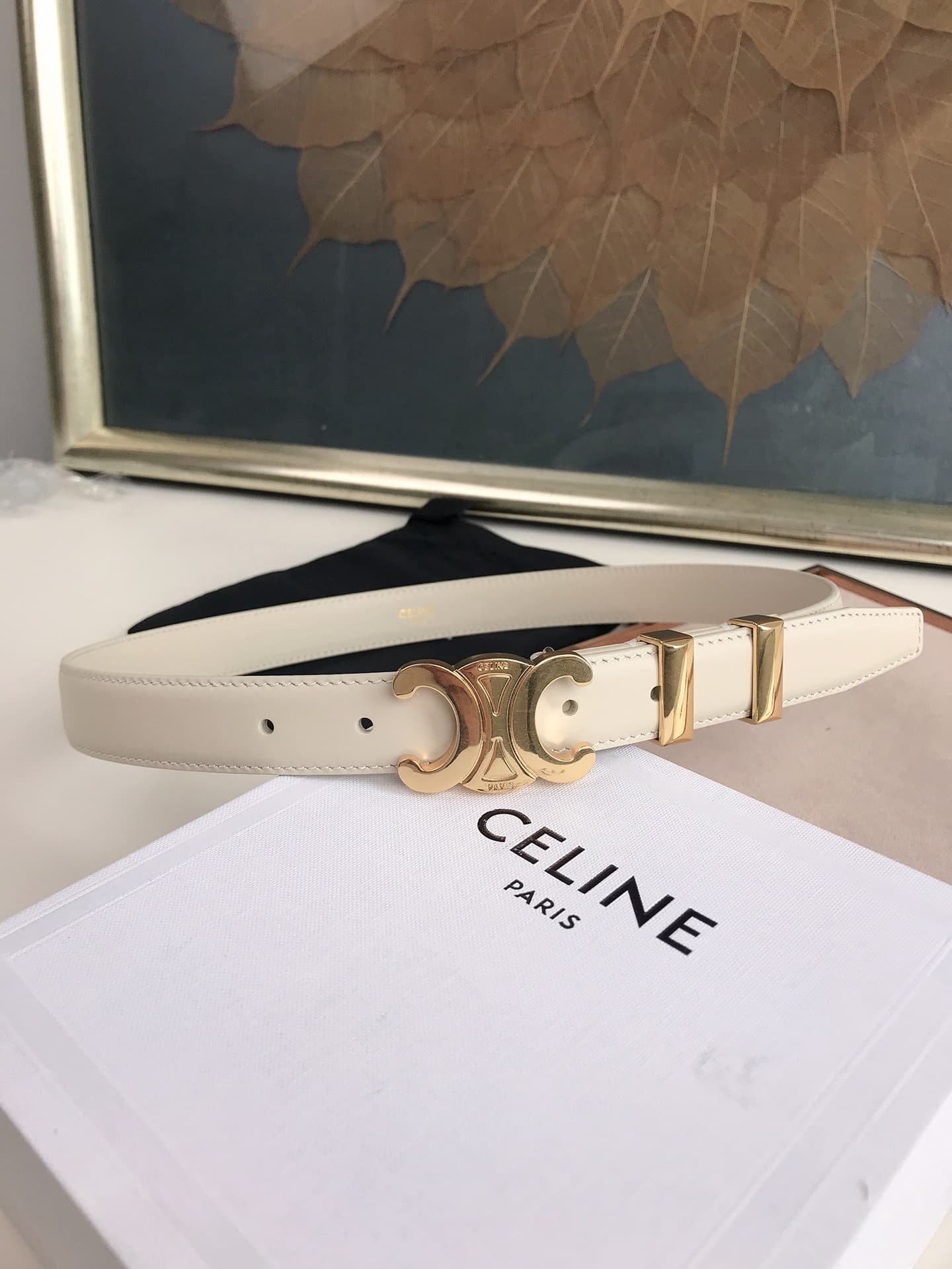 Ce1i*e Small Triomphe White Belt In Natutal Calfskin Gold Metal