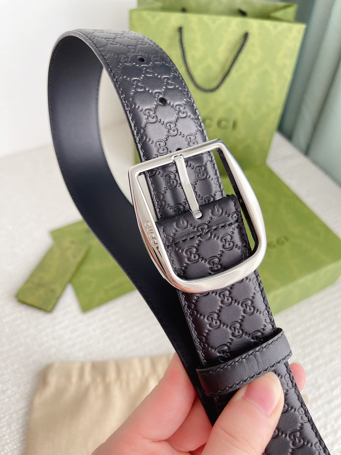 Gvc*1 Calfskin Monogram Black Belt Silver Metal 4Cm