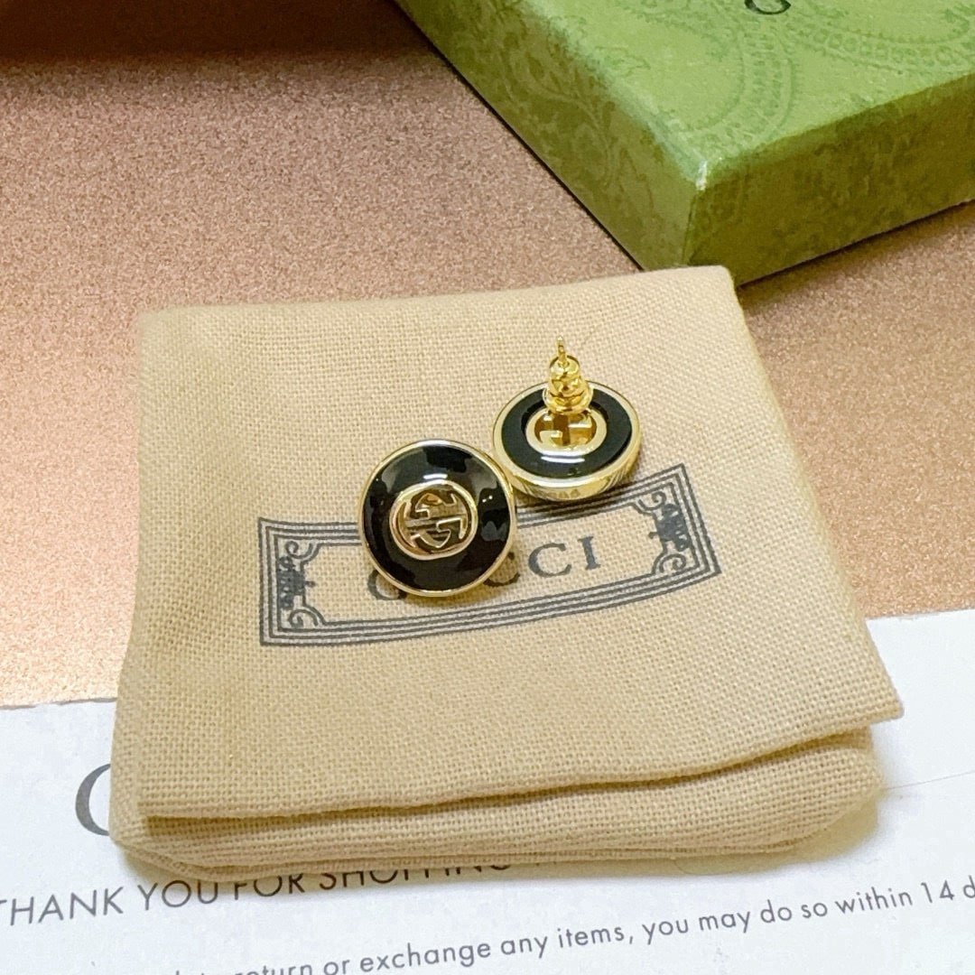 Gvc*1 Interlocking 18K Stud Earrings Gold And Black 786554 J85F0 8030