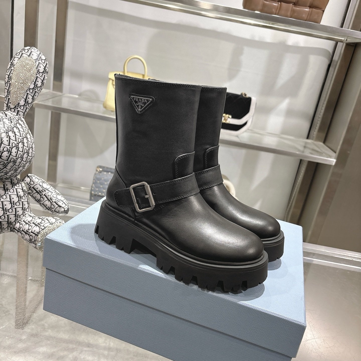Pra*a Leather Booties Black 1U187O Uze F0002 F 050