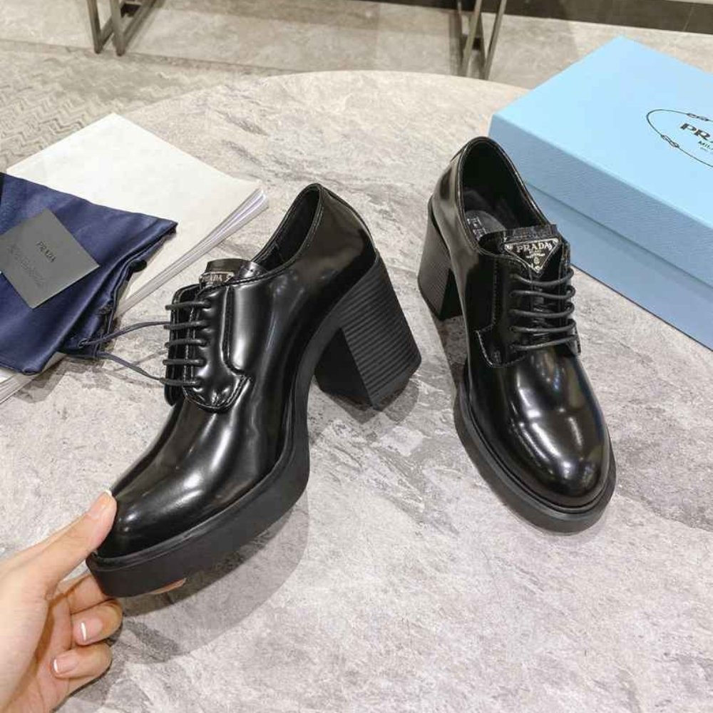 Pra*a Heeled Brushed Leather Lace Ups Black 1E976M 055 F0002 F 085