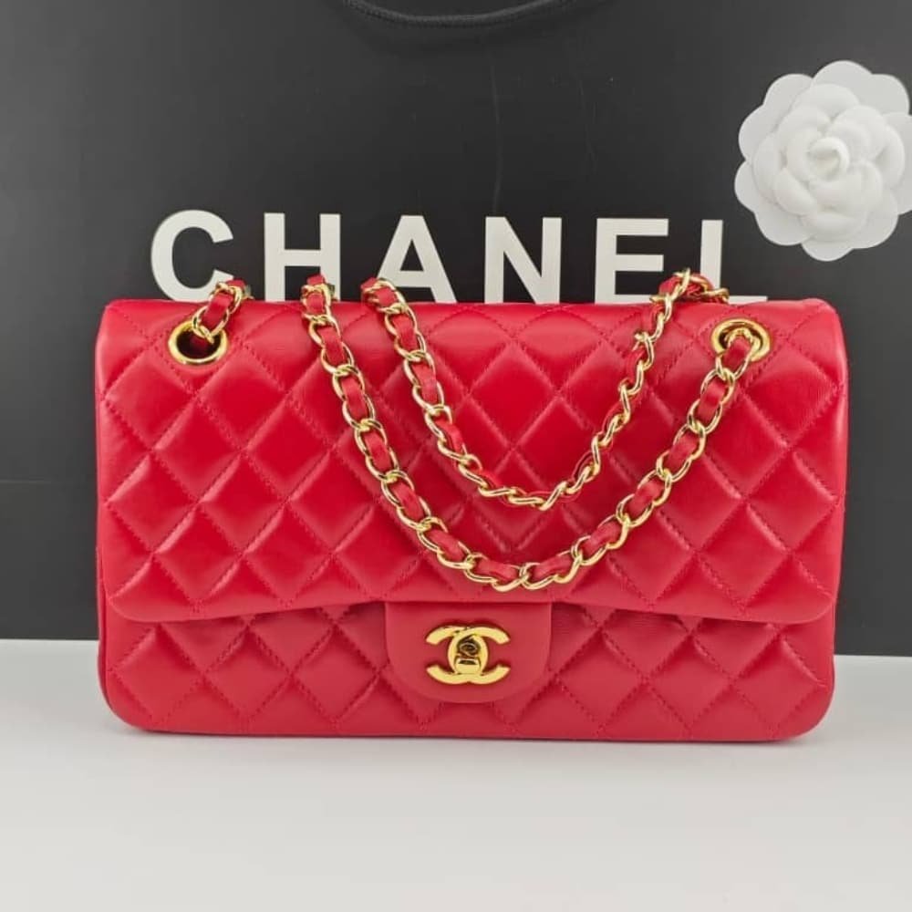 Ch**el Medium Classic Double Flap Red Gold Hardware 25Cm