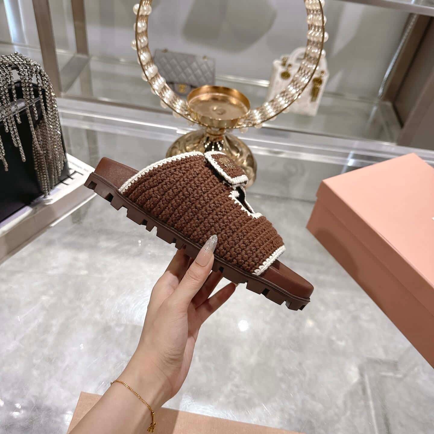 M1um1u Crochet Knit Slides Brown 5Xx641 2Cq2 F0Cms F 010