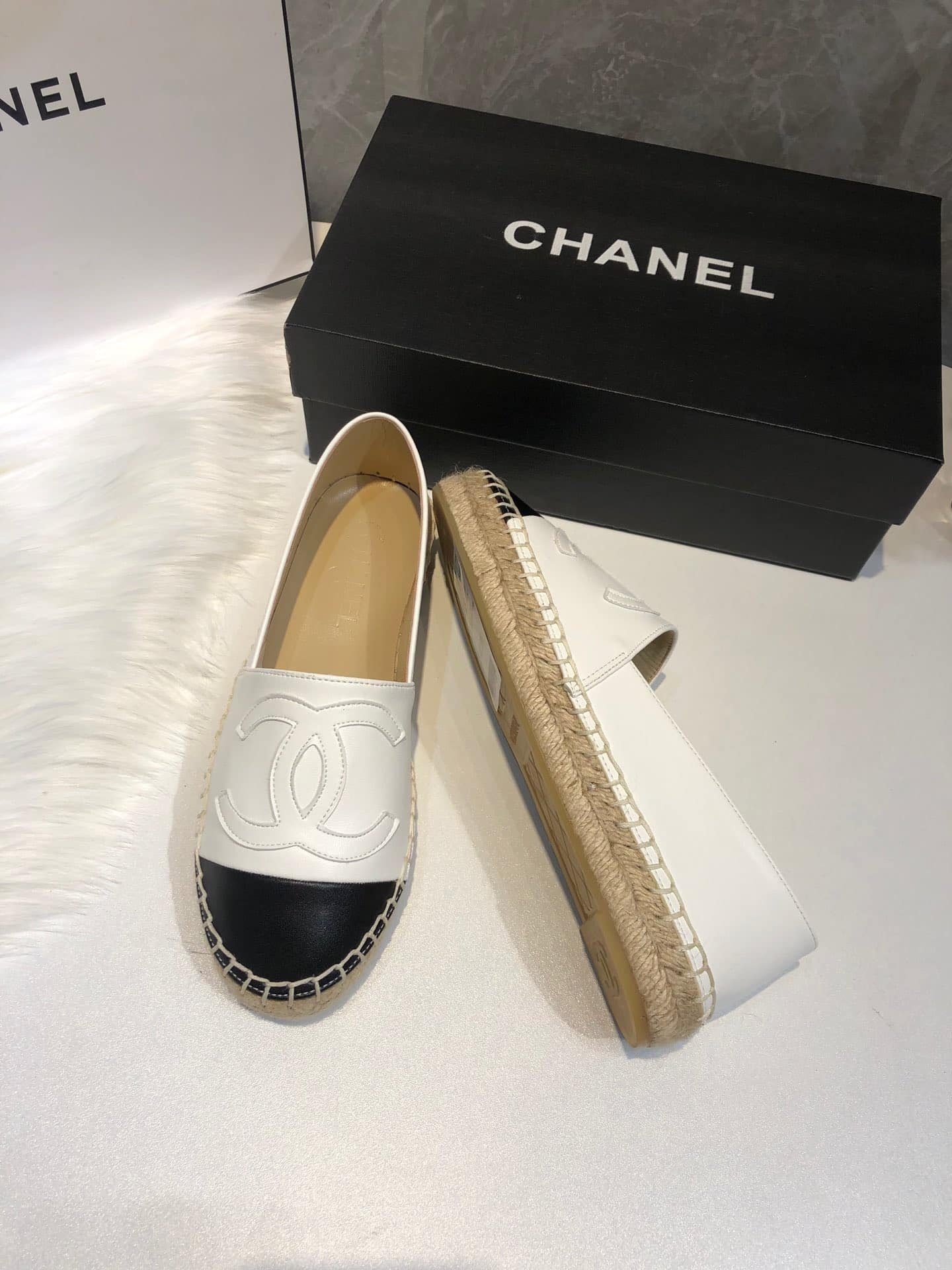 Ch**el Embroidered Espadrille Leather Black Cap Toe Flats White Cc