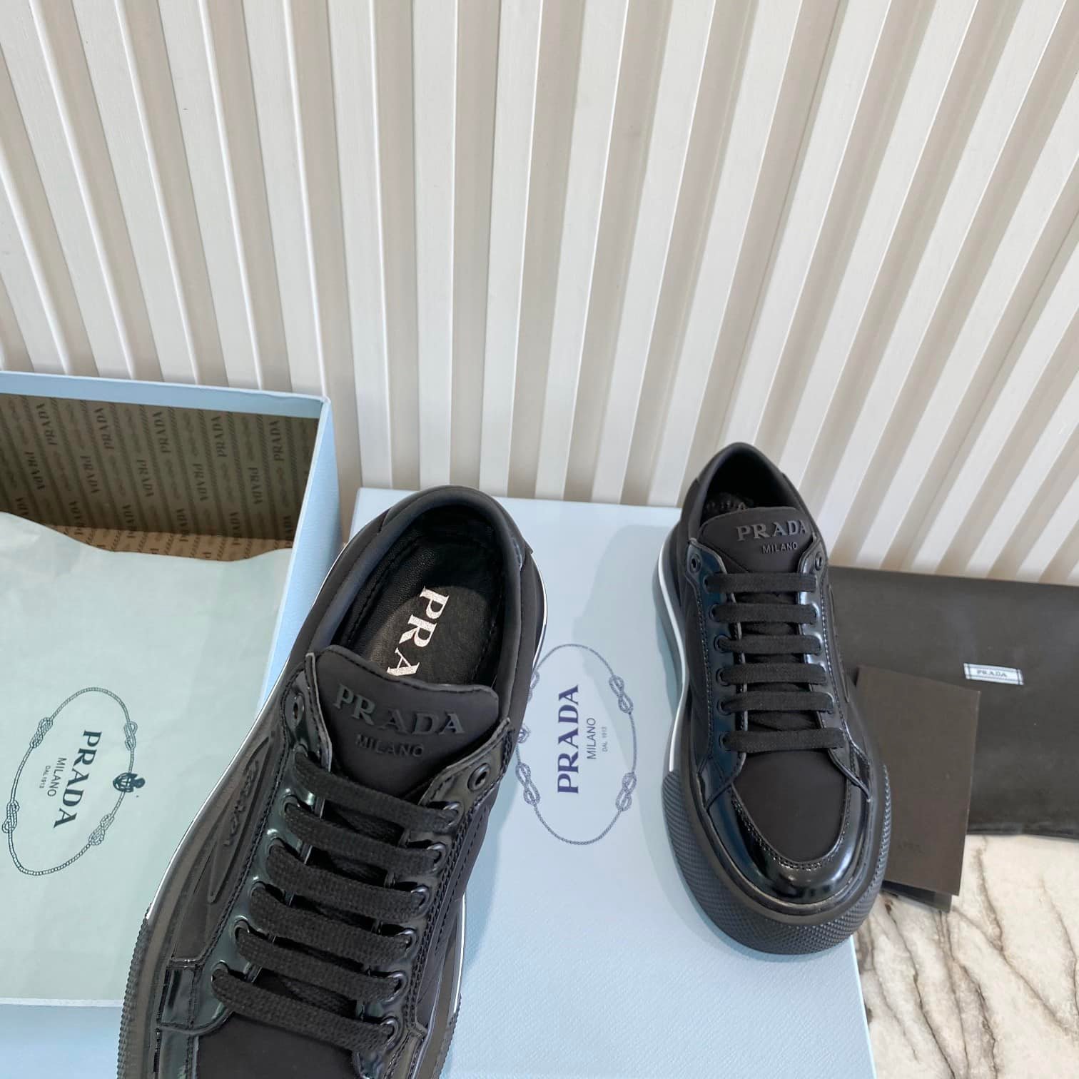 Pra*a Macro Re-Nylon And Brushed Leather Sneakers Black 2Eg3763Lf5F0632