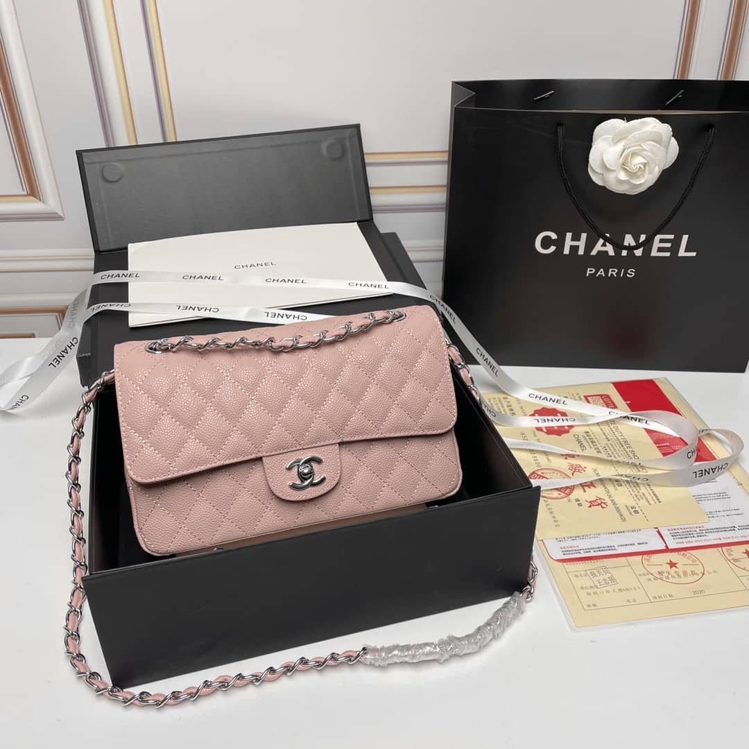 Ch**el Medium Classic Flap Bag Silver Hardware Pink 25Cm