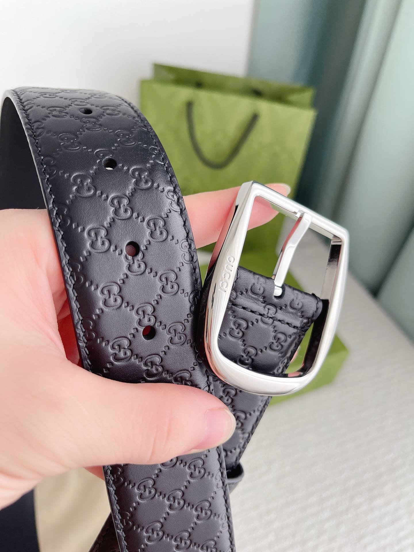 Gvc*1 Calfskin Monogram Black Belt Silver Metal 4Cm
