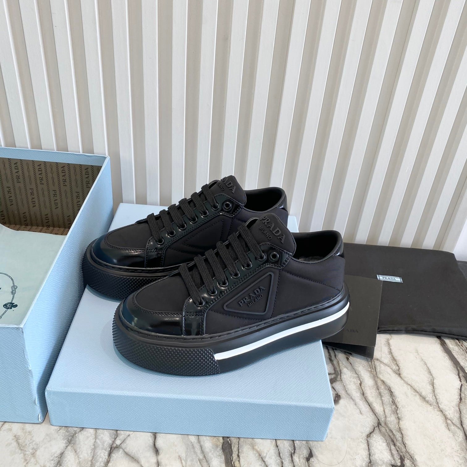 Pra*a Macro Re-Nylon And Brushed Leather Sneakers Black 2Eg3763Lf5F0632