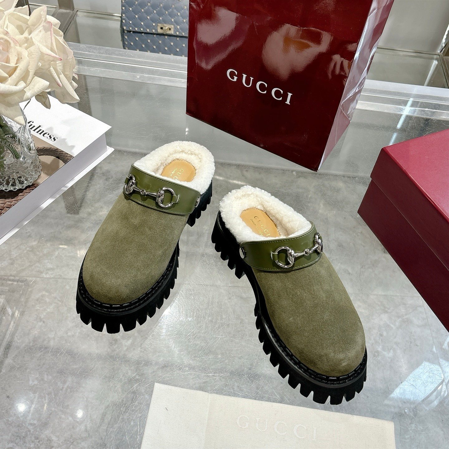 Gvc*1 Horsebit Shearling Mules In Dark Green Suede