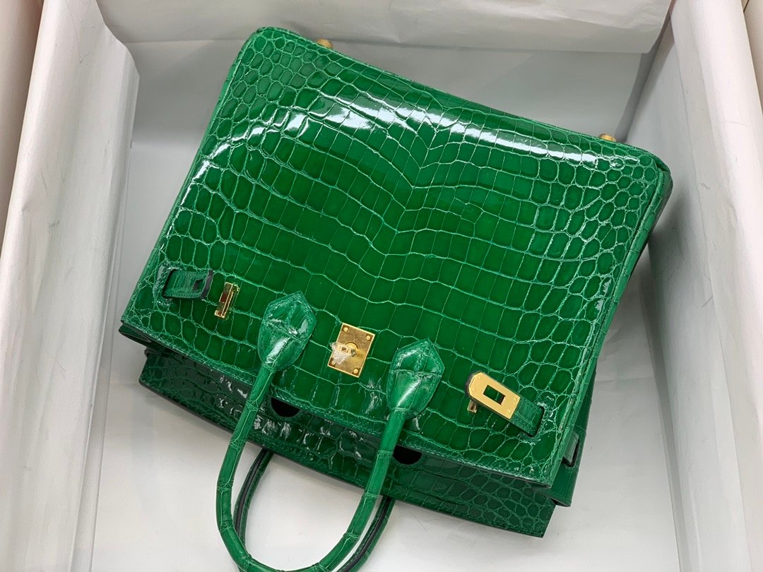 H**me5 Birkin 30 Crocodile Gold Toned Hardware Dark Green 30Cm