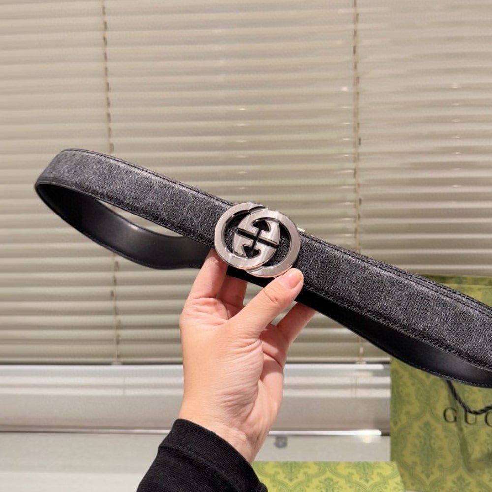 Gvc*1 Gg Svp*me Belt With Interlocking G Buckle Black Grey ‎411924 Kgdhx 8449