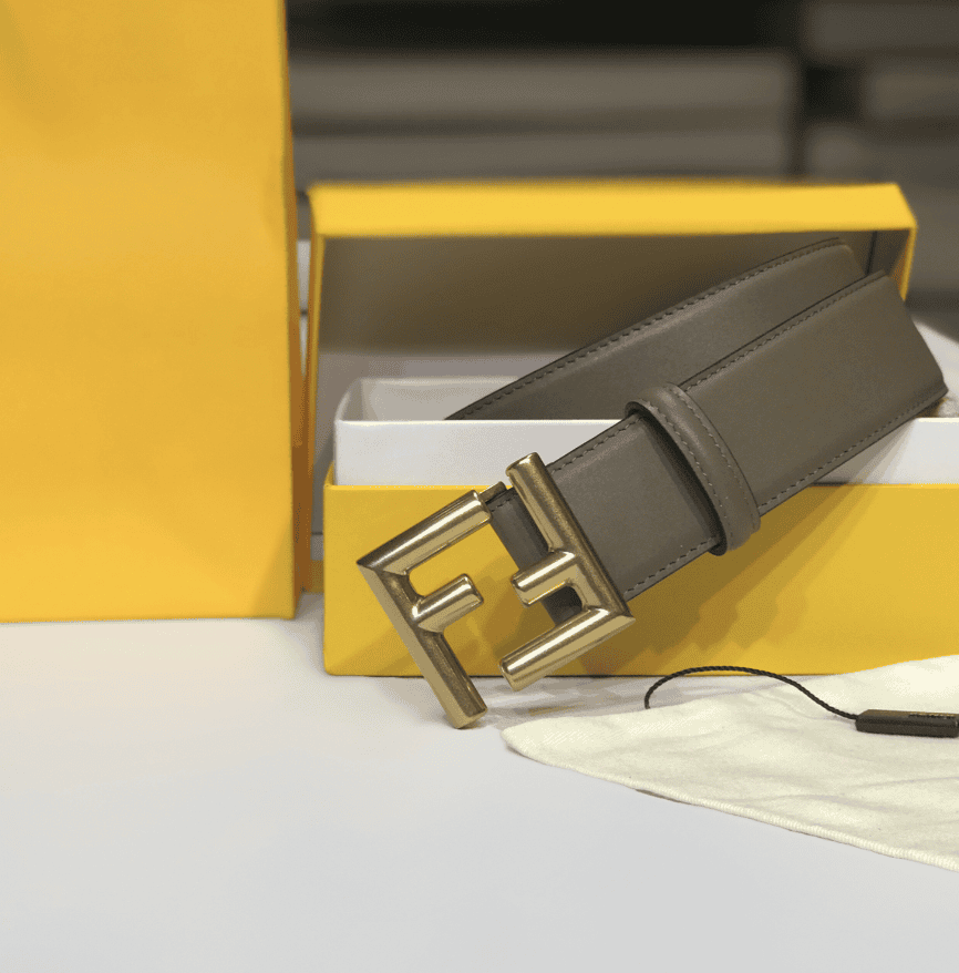 F**di Grey Leather Belt With Ff Gold Buckle 40Mm