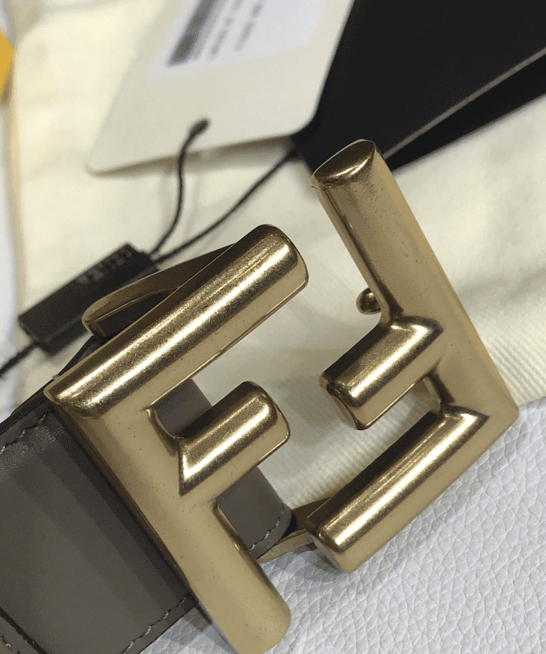F**di Grey Leather Belt With Ff Gold Buckle 40Mm