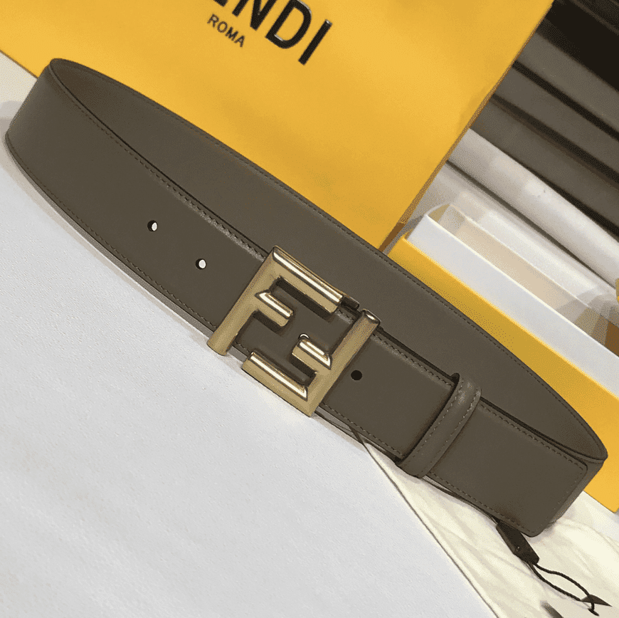 F**di Grey Leather Belt With Ff Gold Buckle 40Mm