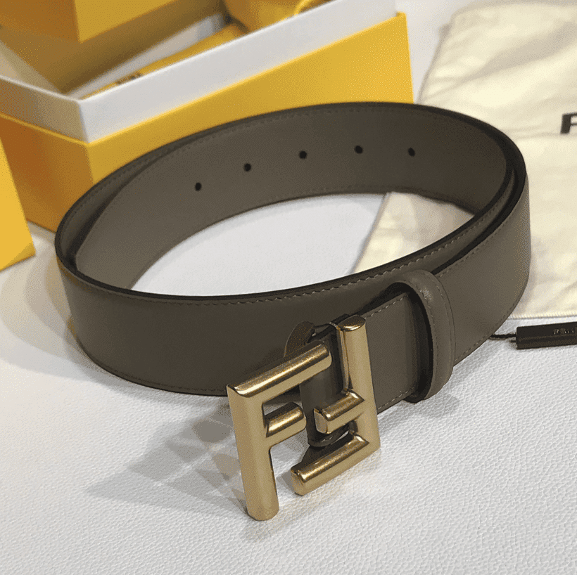 F**di Grey Leather Belt With Ff Gold Buckle 40Mm