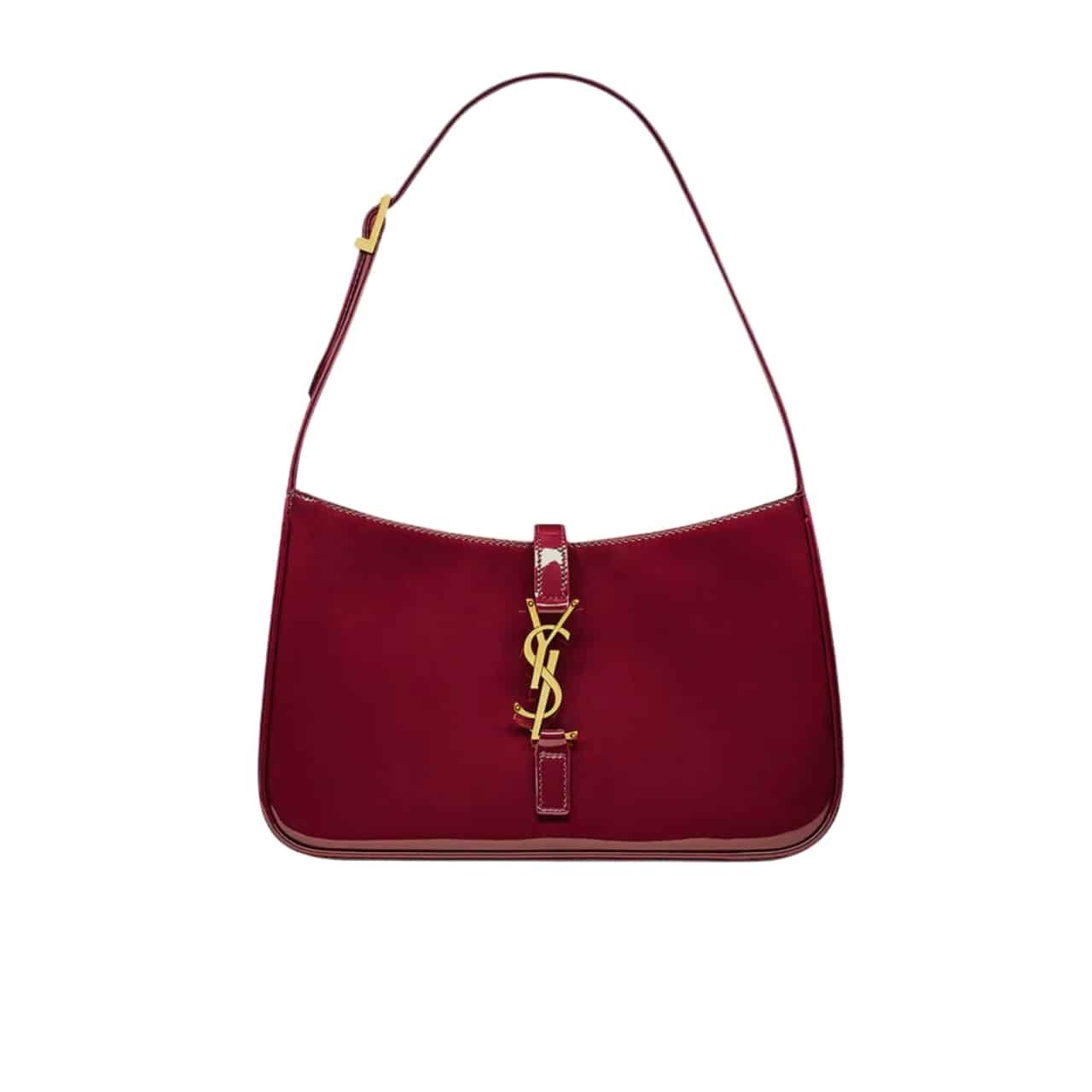 Sa1nt Lau*nt Le 5 A 7 Patent Hobo Bag In Shiny Leather Wine Red 25Cm
