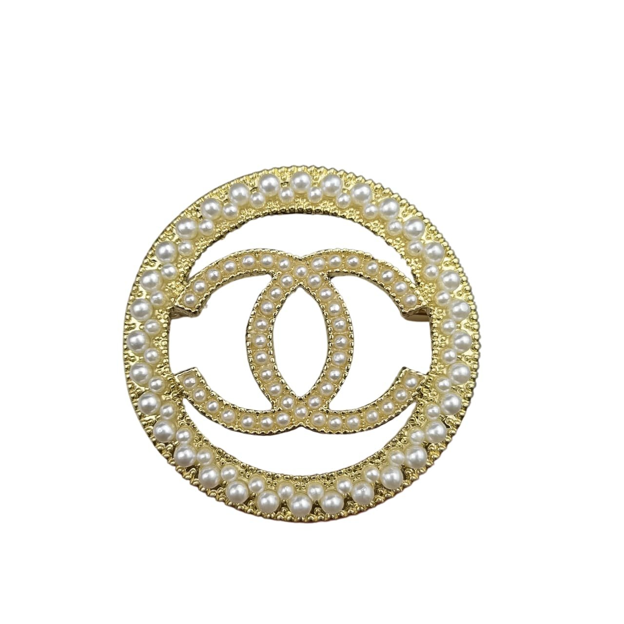 Ch**el Cc Circle Brooch Gold With Pearls