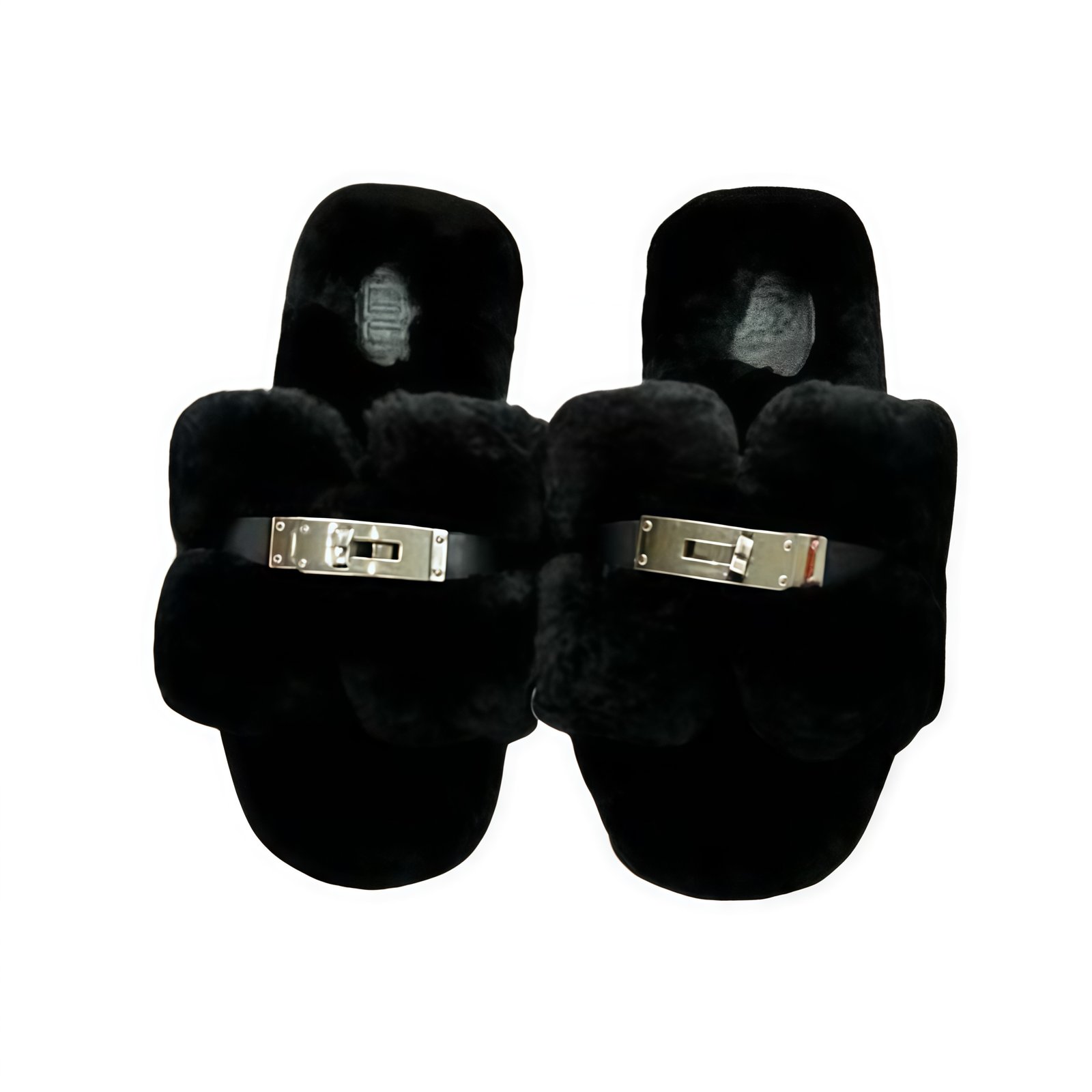 H**me5 Shearling Fur Oran Silver Buckle Sandal Black