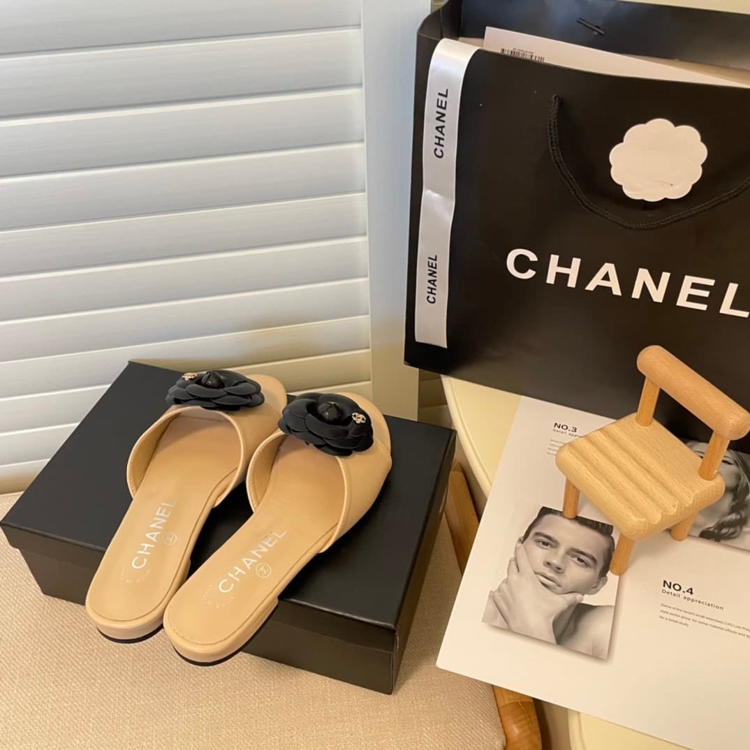 Ch**el Black Camellia Slides Beige