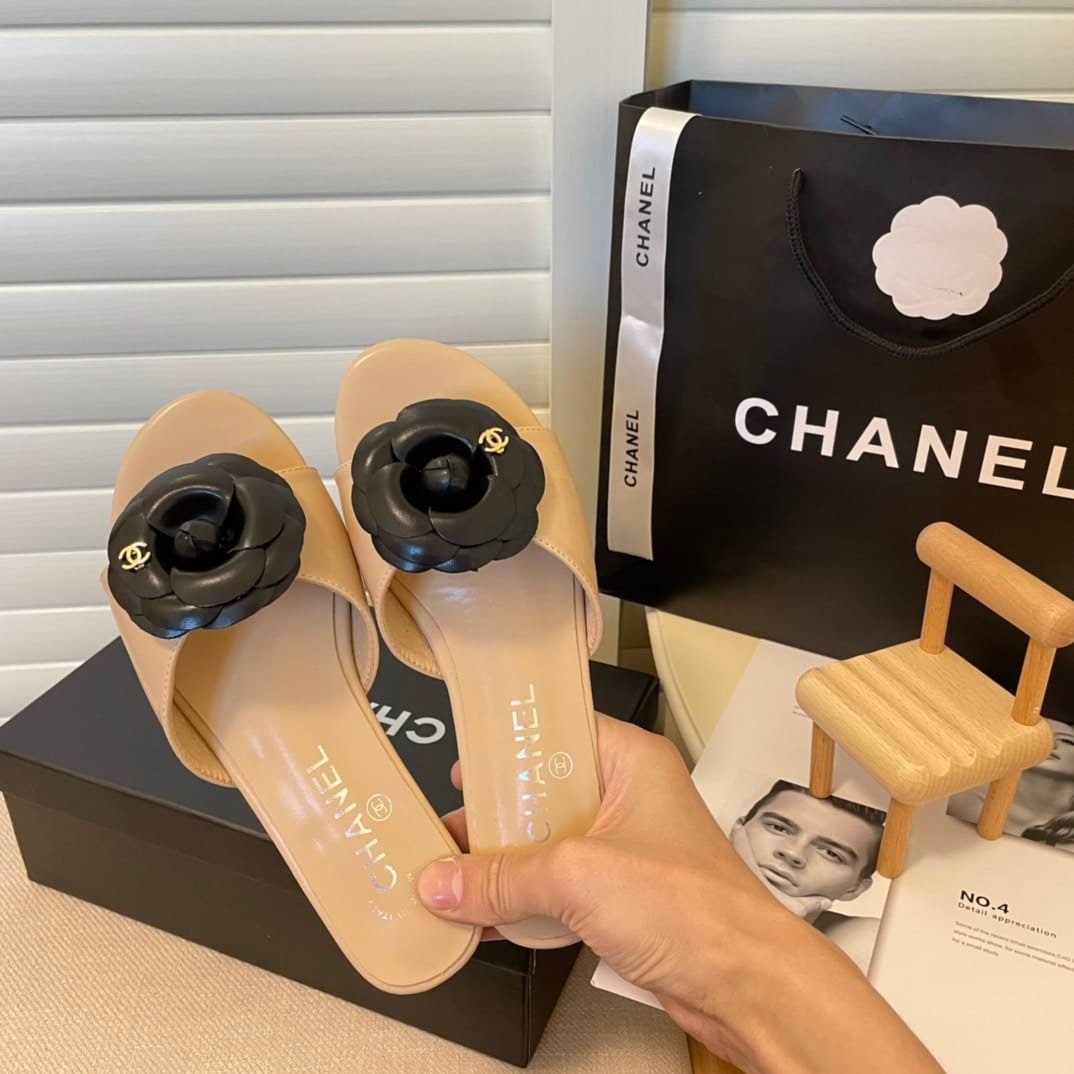 Ch**el Black Camellia Slides Beige