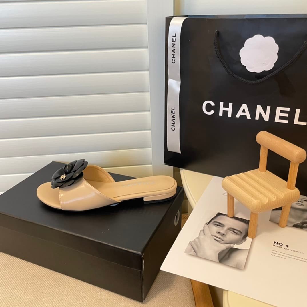 Ch**el Black Camellia Slides Beige