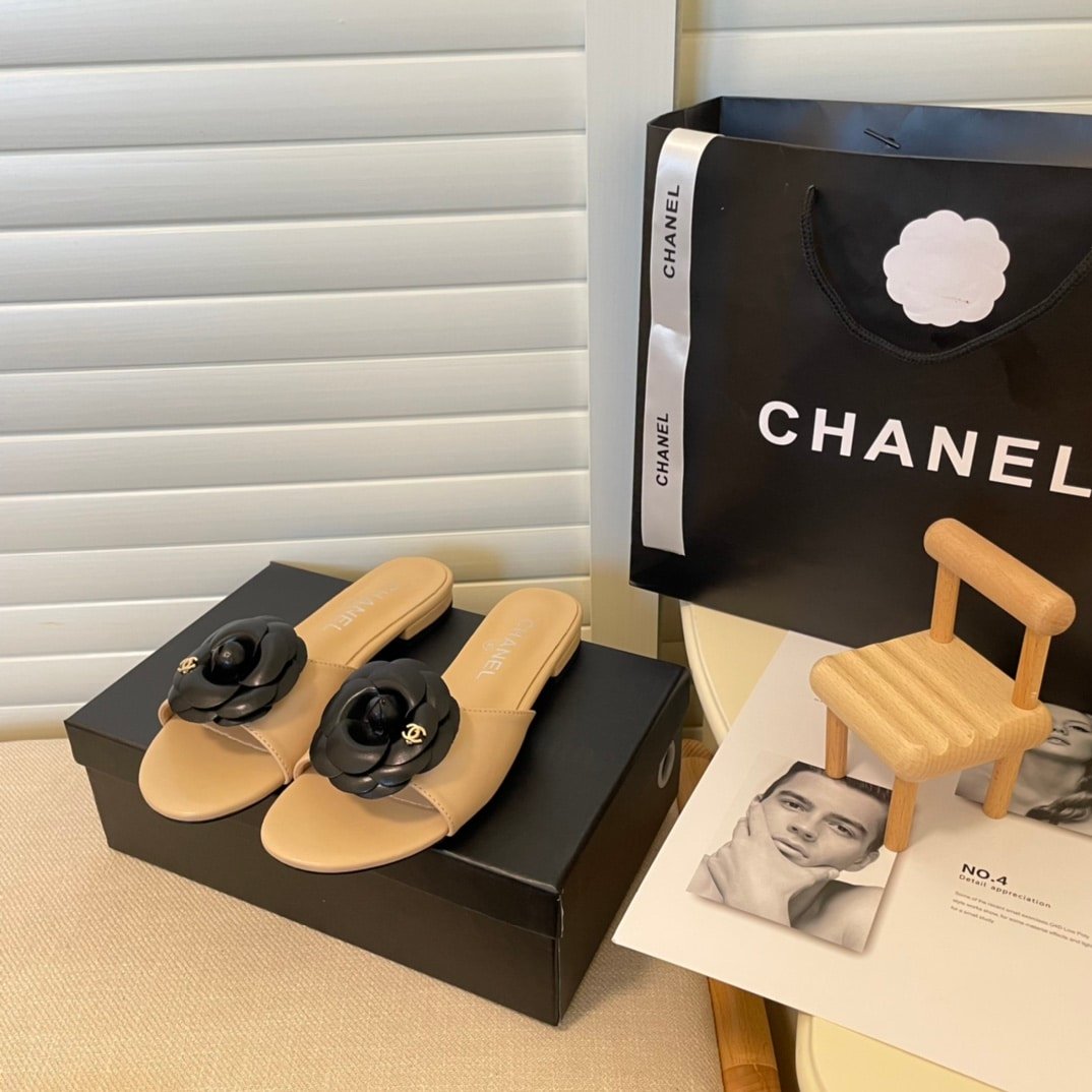 Ch**el Black Camellia Slides Beige