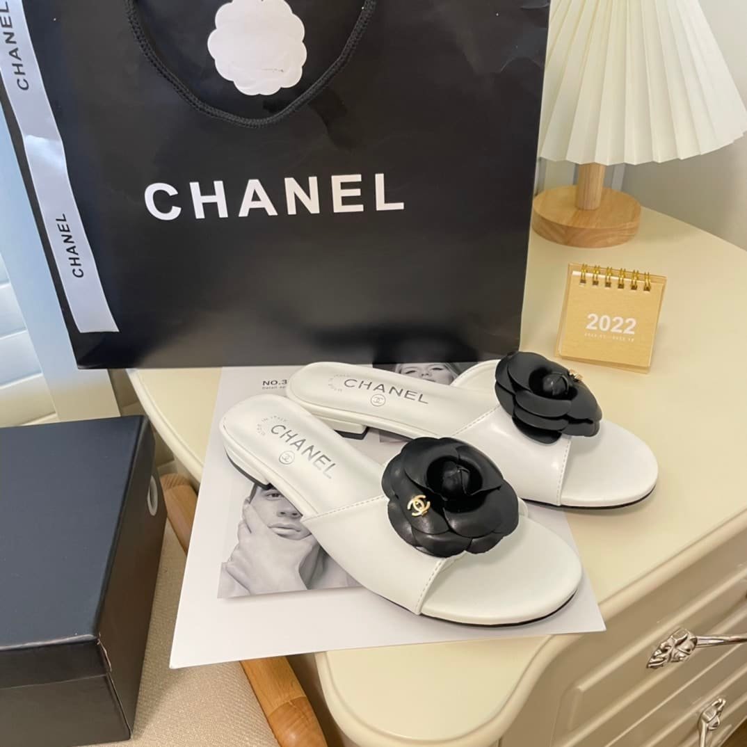Ch**el Black Camellia Slides White