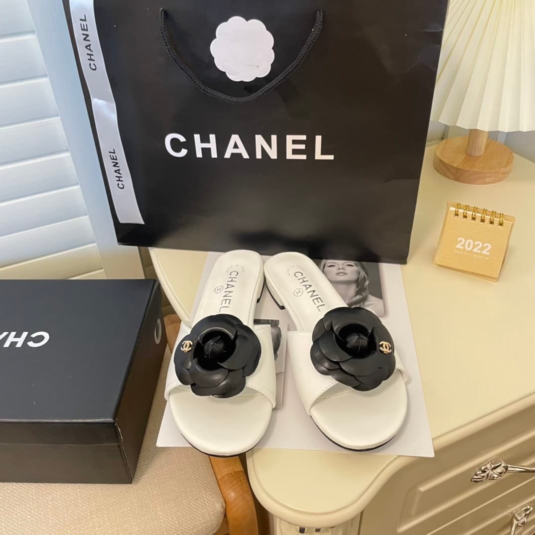 Ch**el Black Camellia Slides White