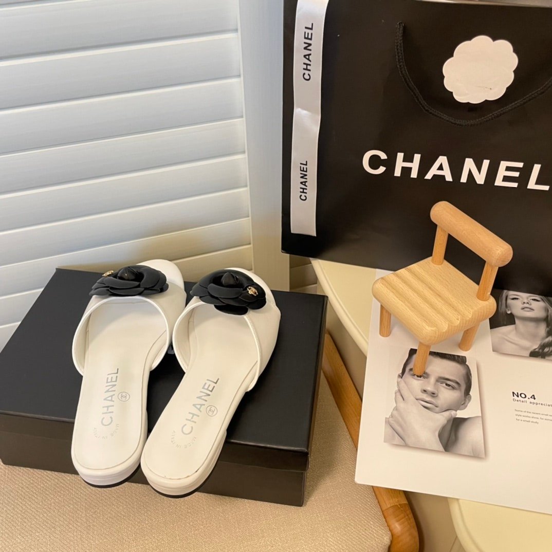Ch**el Black Camellia Slides White