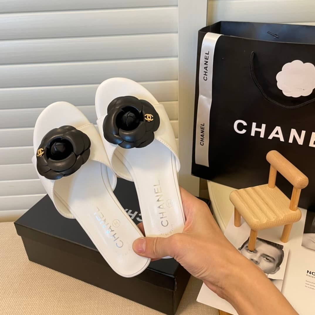 Ch**el Black Camellia Slides White