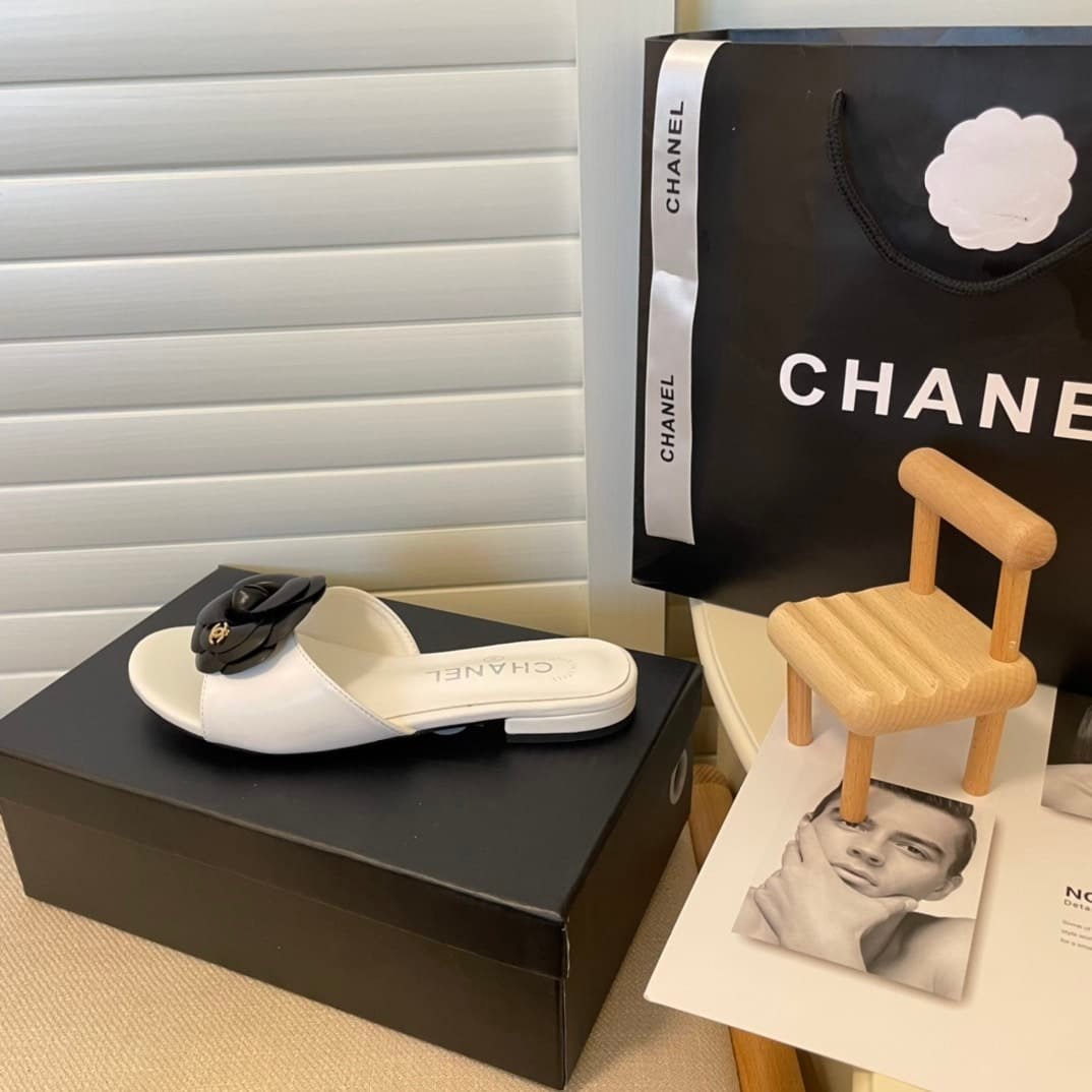 Ch**el Black Camellia Slides White