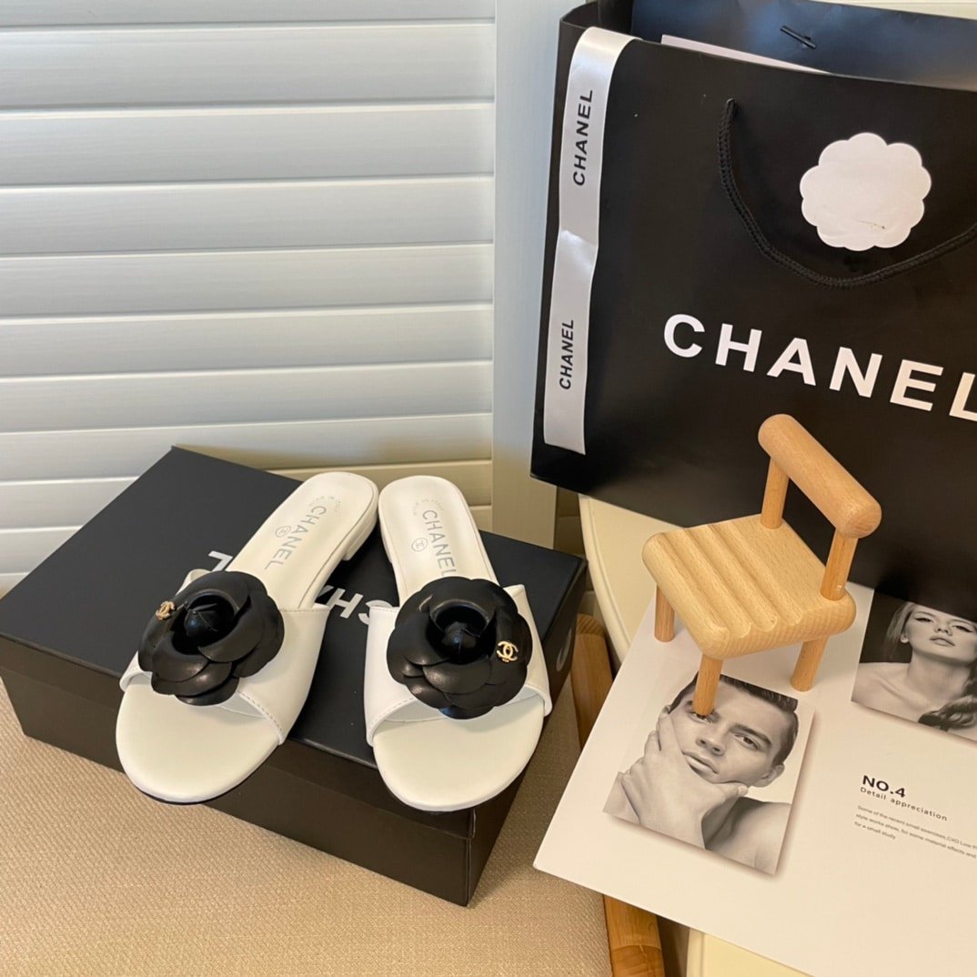 Ch**el Black Camellia Slides White