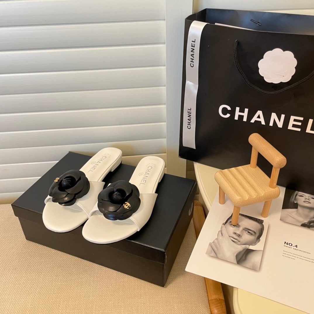 Ch**el Black Camellia Slides White