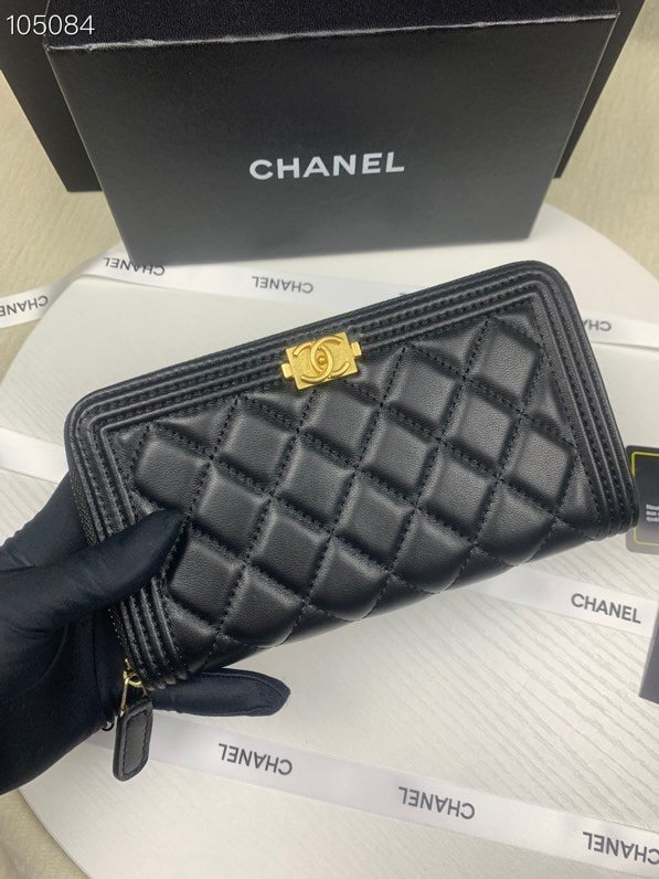 Ch**el Boy Long Zipped Wallet With Gold Hardware Black 19.4Cm