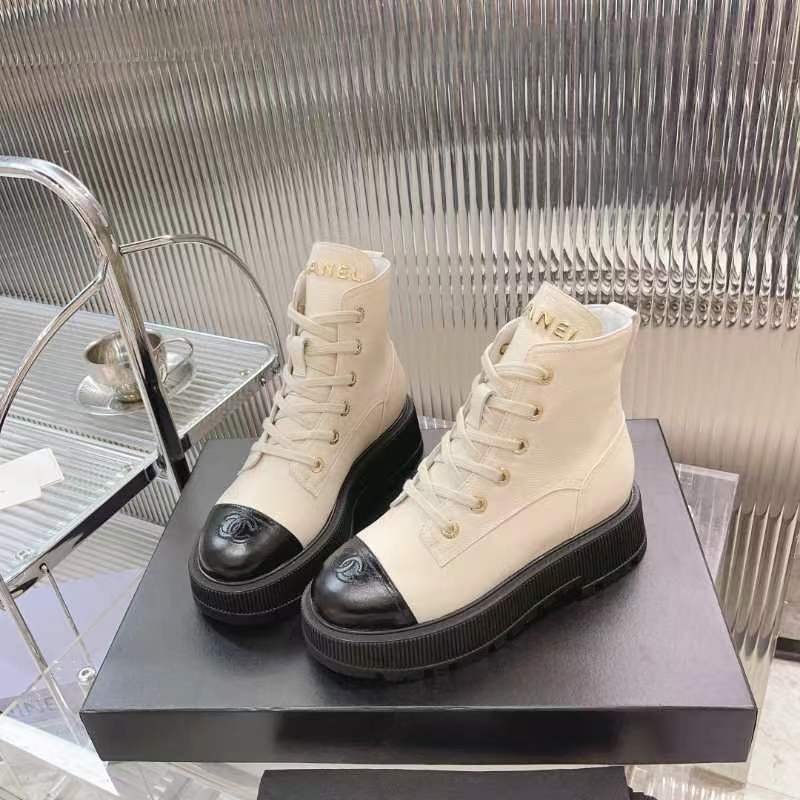 Ch**el Cc Lace Up Boot White Black