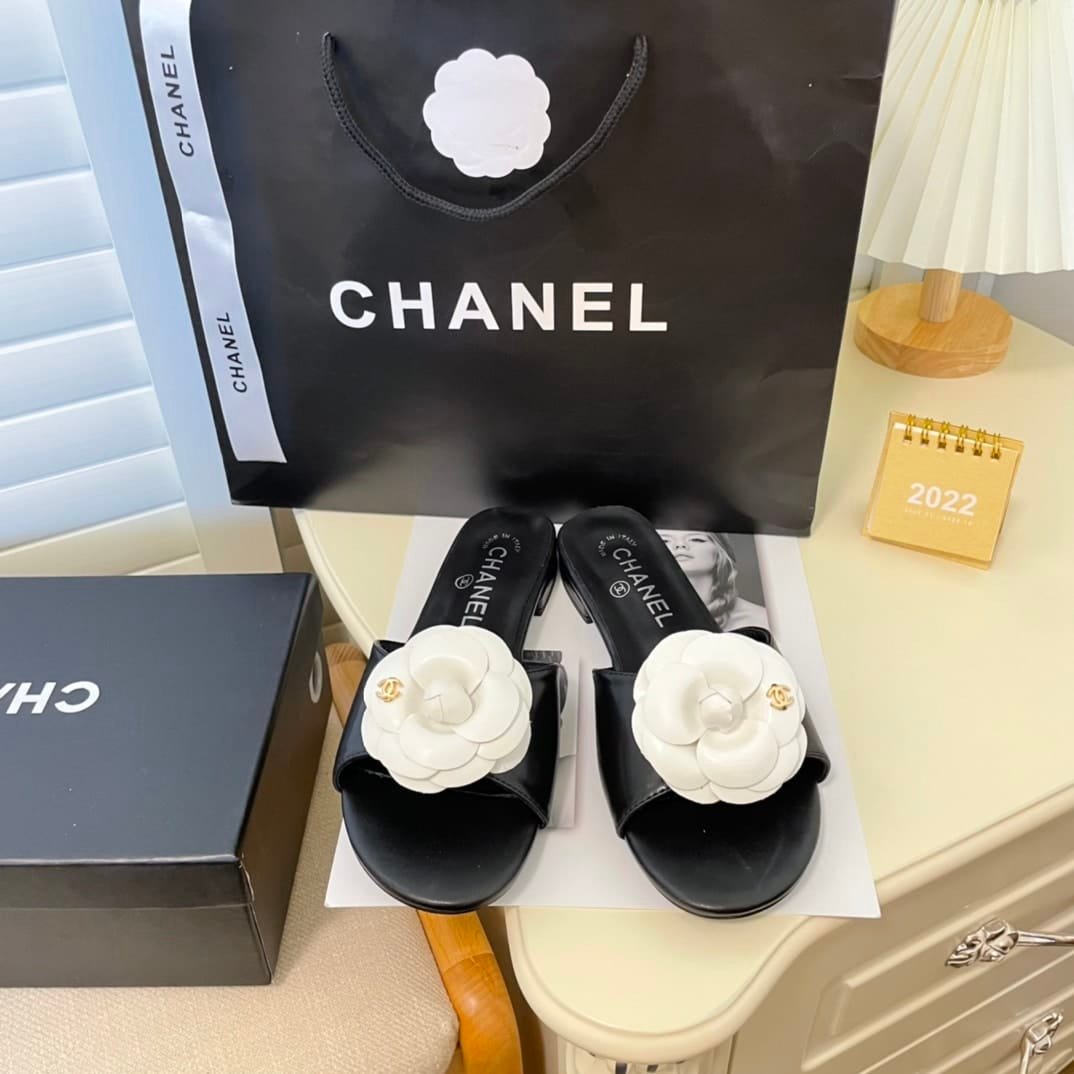 Ch**el White Camellia Slides Black