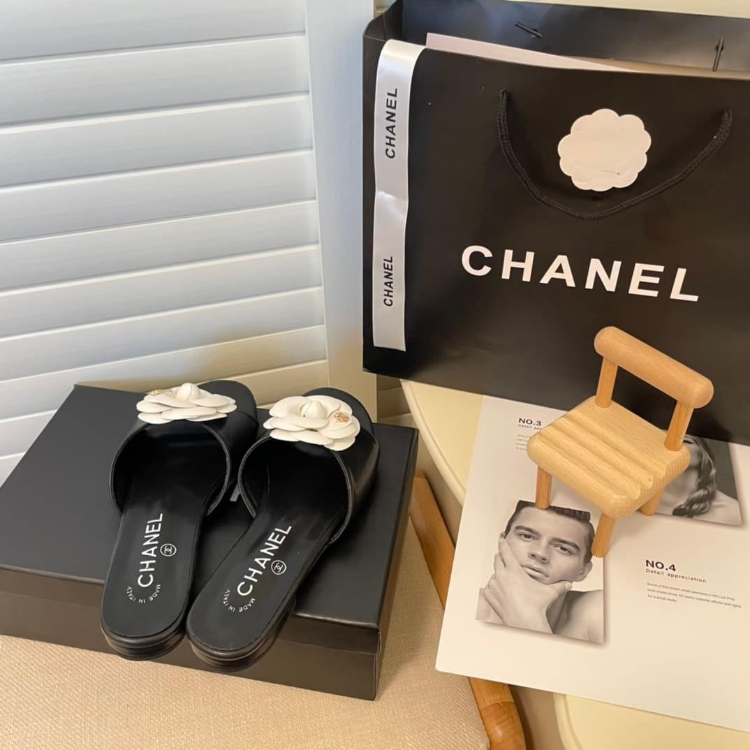 Ch**el White Camellia Slides Black