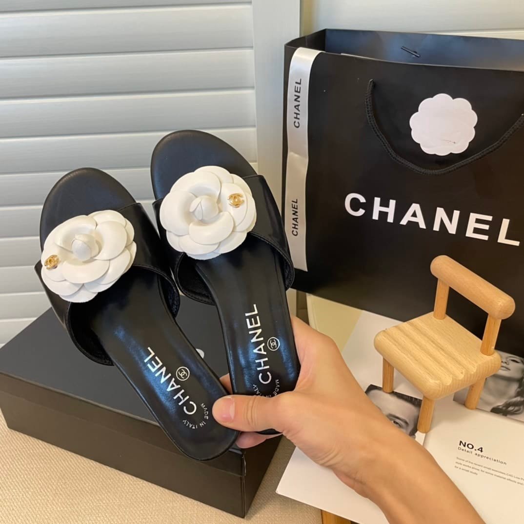 Ch**el White Camellia Slides Black
