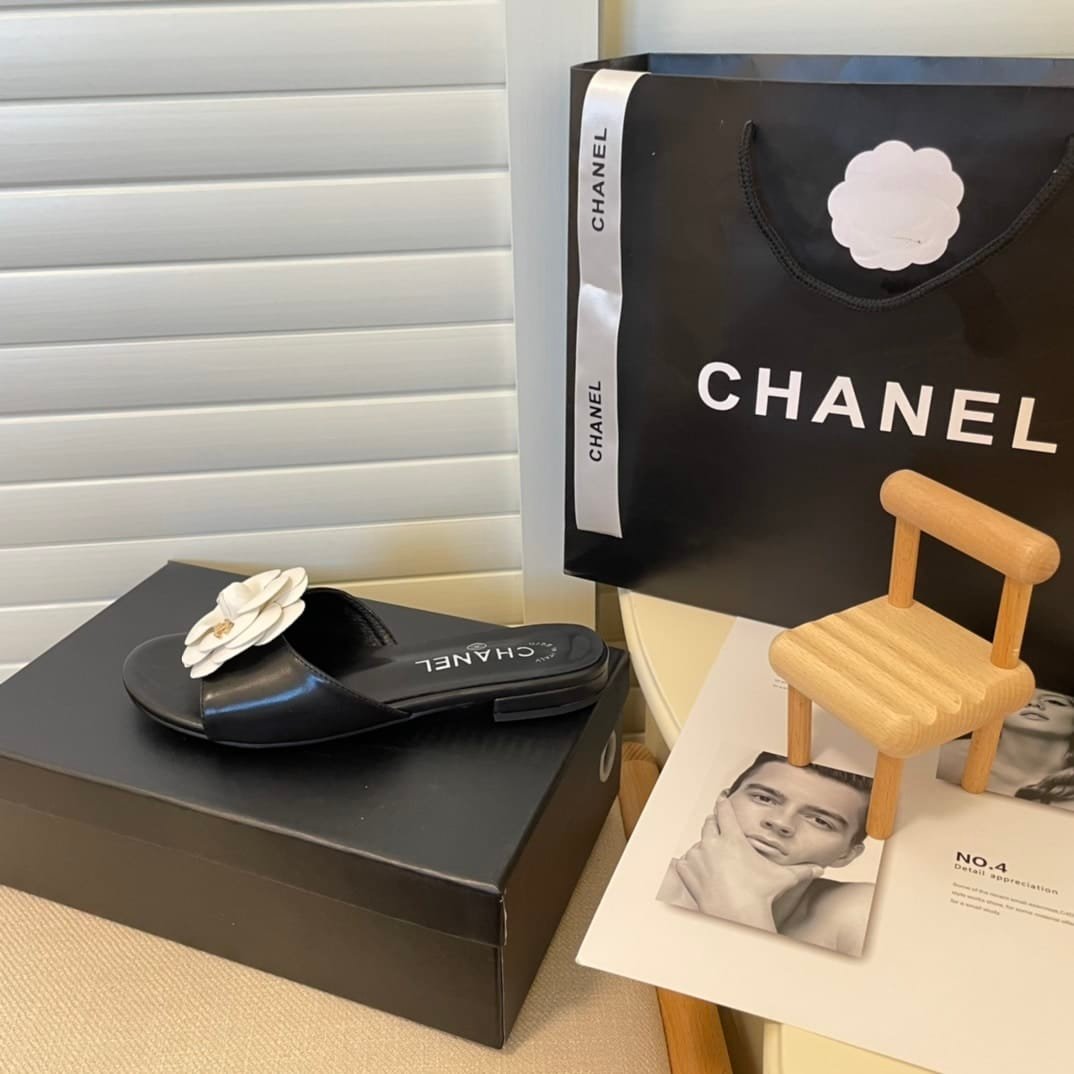 Ch**el White Camellia Slides Black