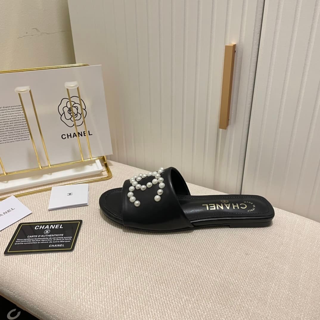 Ch**el Cc Pearl Slippers Black