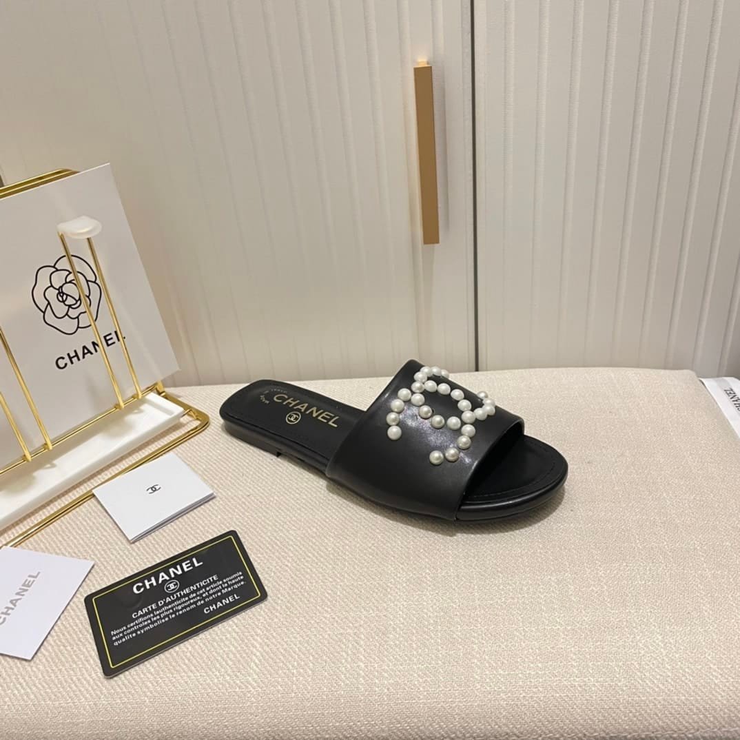 Ch**el Cc Pearl Slippers Black