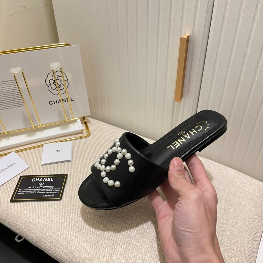 Ch**el Cc Pearl Slippers Black
