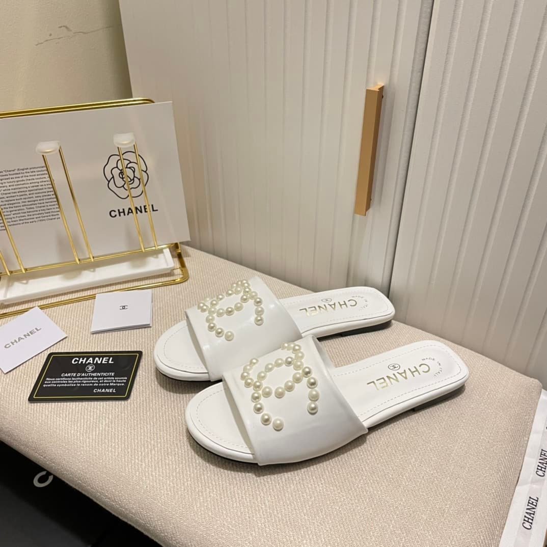 Ch**el Cc Pearl Slippers White