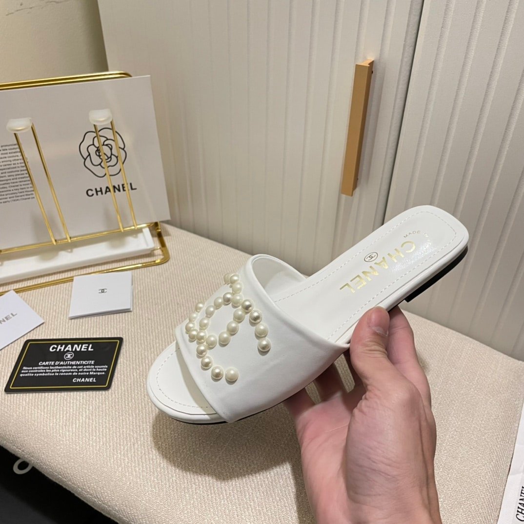 Ch**el Cc Pearl Slippers White