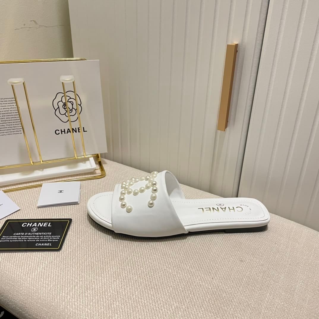 Ch**el Cc Pearl Slippers White