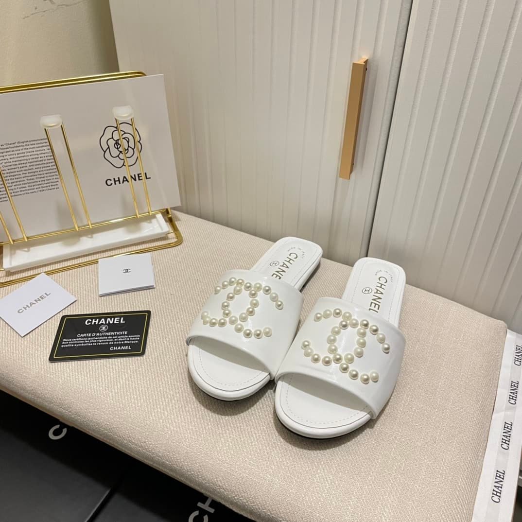 Ch**el Cc Pearl Slippers White
