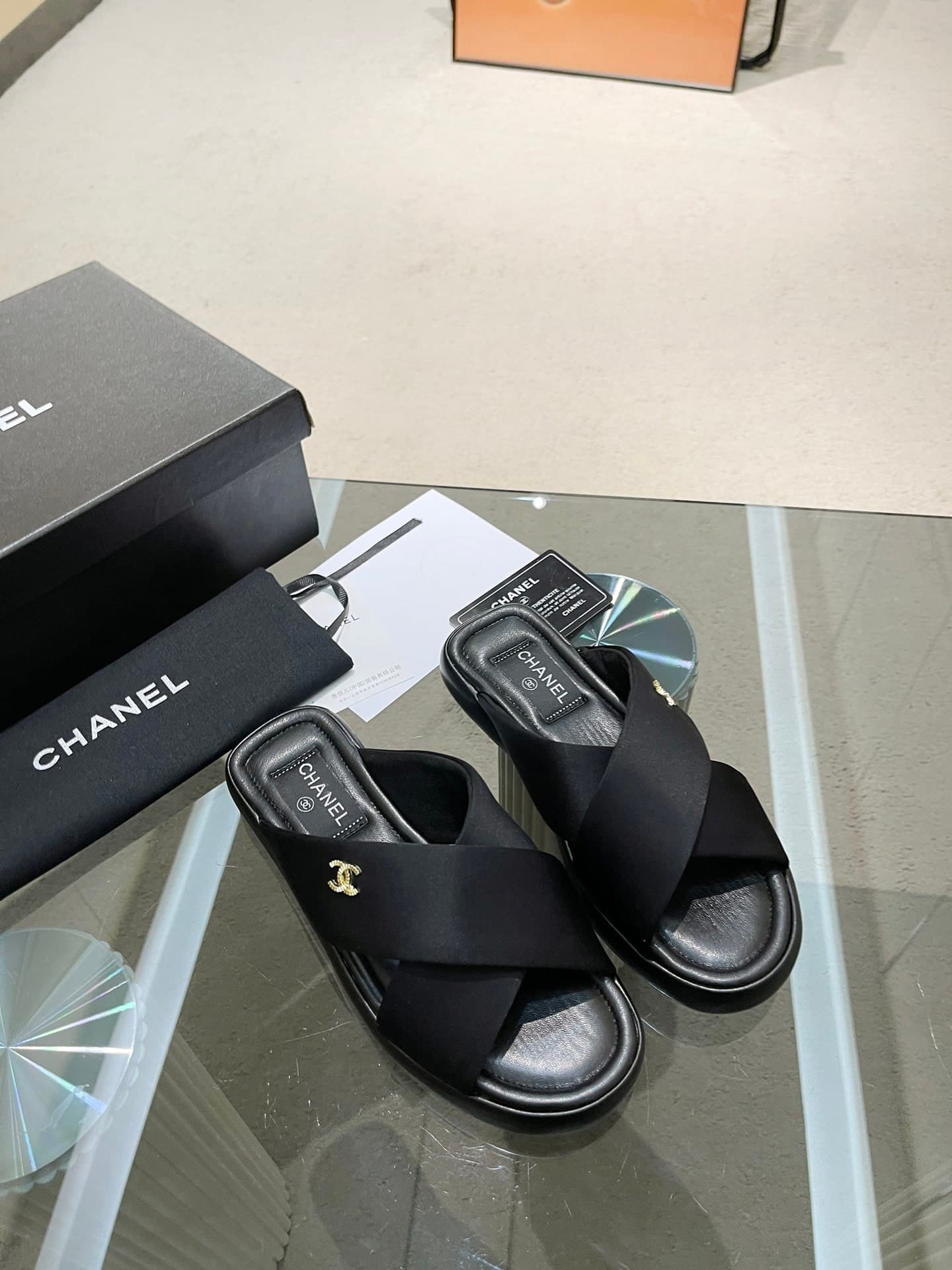 Ch**el Cc Logo Criss Cross Slides Black